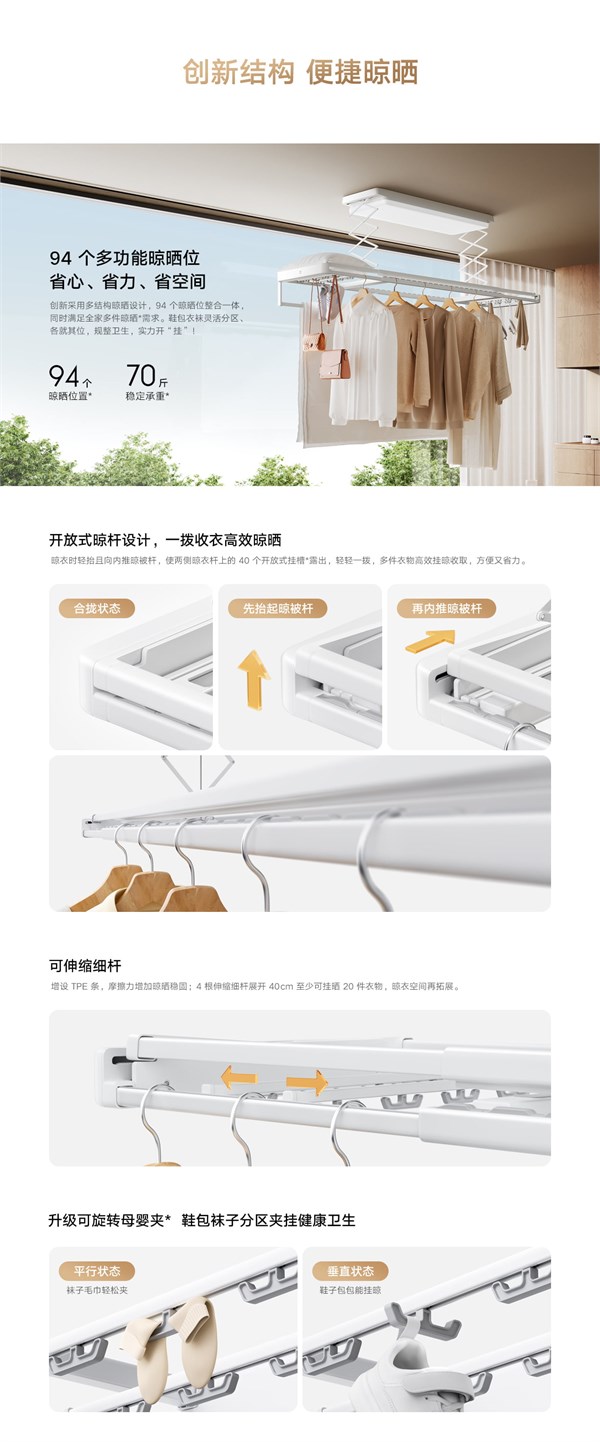 米家智能晾衣機(jī) 2Pro震撼登場(chǎng)！超薄隱藏機(jī)身，94個(gè)曬位與70斤承重完美結(jié)合，搭配3D曲面穹頂燈，嘗鮮價(jià)僅1699元。