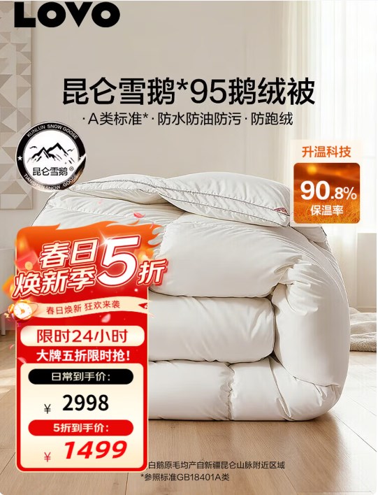 LOVO 羅萊生活A(yù)類 95%昆侖白鵝絨羽絨被 冬被 1000g填充200*230cm 白色