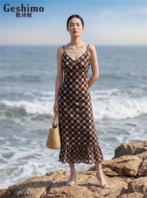 歌诗陌女装:撞色格纹,奏响夏日海滨复古乐章