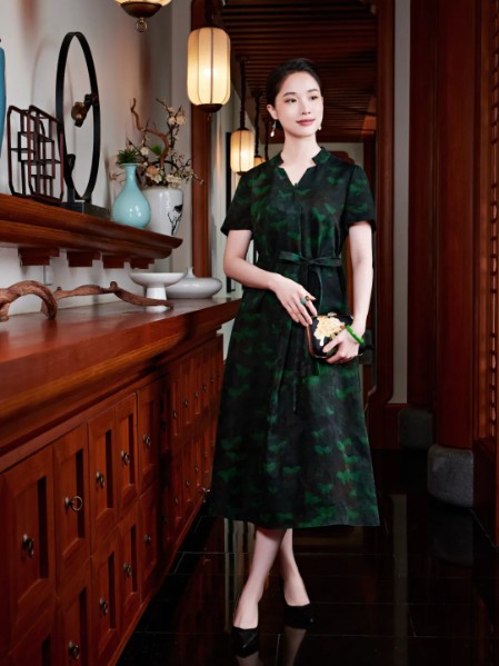 玺玥女装优雅气质修身沉稳真丝印花香云纱旗袍连衣裙