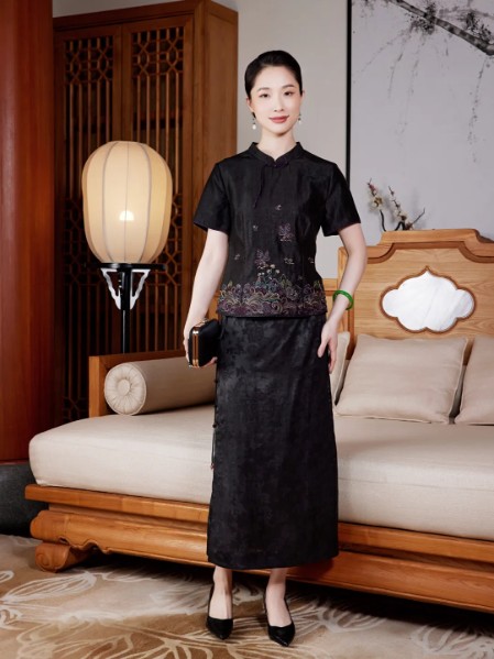 玺玥女装优雅气质修身沉稳真丝印花香云纱旗袍连衣裙