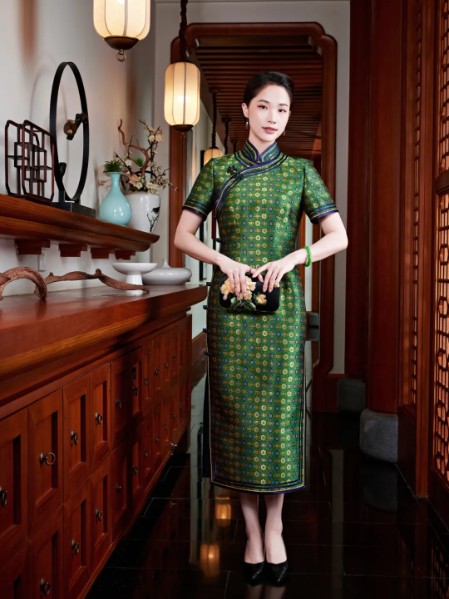 玺玥女装优雅气质修身沉稳真丝印花香云纱旗袍连衣裙