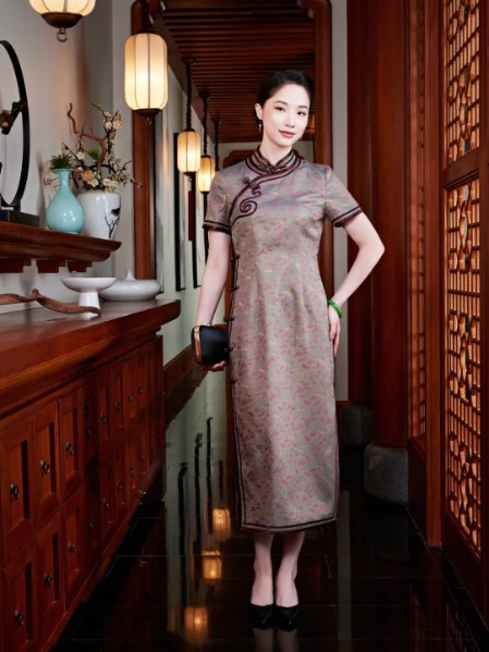 玺玥女装优雅气质修身沉稳真丝印花香云纱旗袍连衣裙