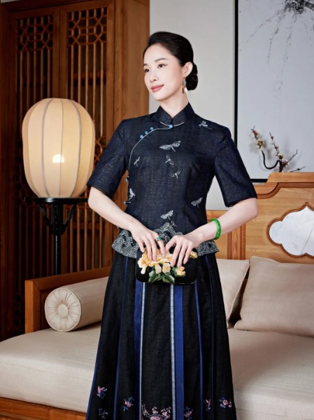 玺玥女装优雅气质修身沉稳真丝印花香云纱旗袍连衣裙