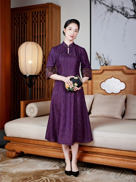 玺玥女装优雅气质修身沉稳真丝印花香云纱旗袍连衣裙