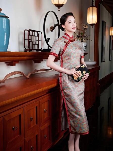 玺玥女装优雅气质修身沉稳真丝印花香云纱旗袍连衣裙
