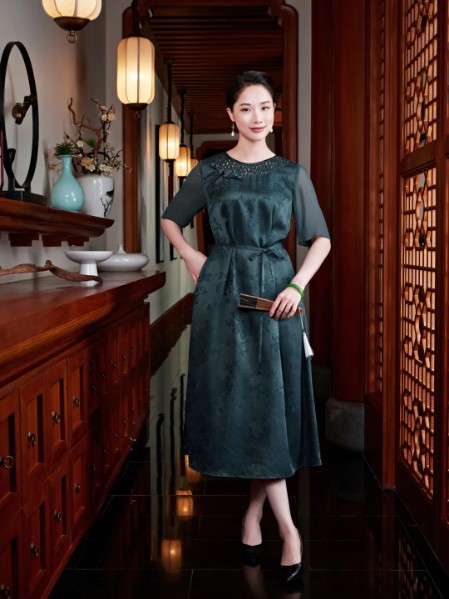 玺玥女装优雅气质修身沉稳真丝印花香云纱旗袍连衣裙