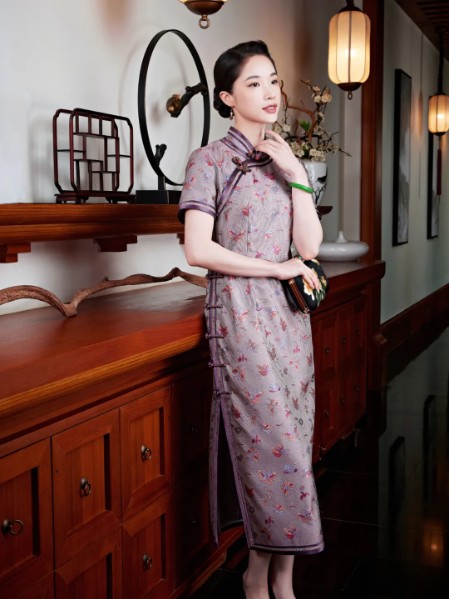 玺玥女装优雅气质修身沉稳真丝印花香云纱旗袍连衣裙