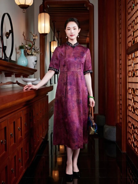 玺玥女装优雅气质修身沉稳真丝印花香云纱旗袍连衣裙
