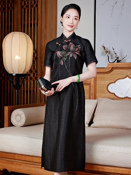 玺玥女装优雅气质修身沉稳真丝印花香云纱旗袍连衣裙