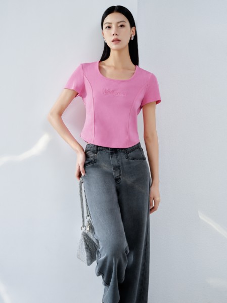 欧莎莉格(O.S.L.G)女装时尚圆领气质粉色上衣2025夏季新款
