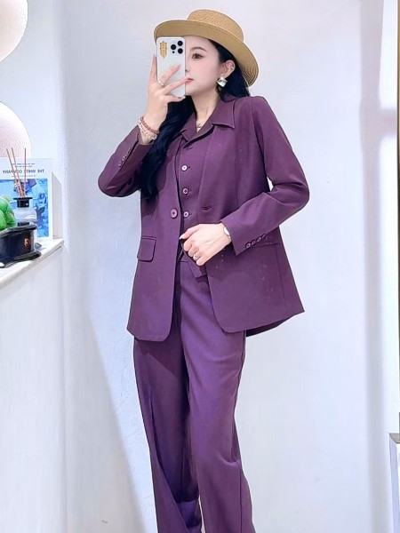 DU迪如女装品牌紫色翻领气质优雅显瘦通勤西装三件套2025秋季新品