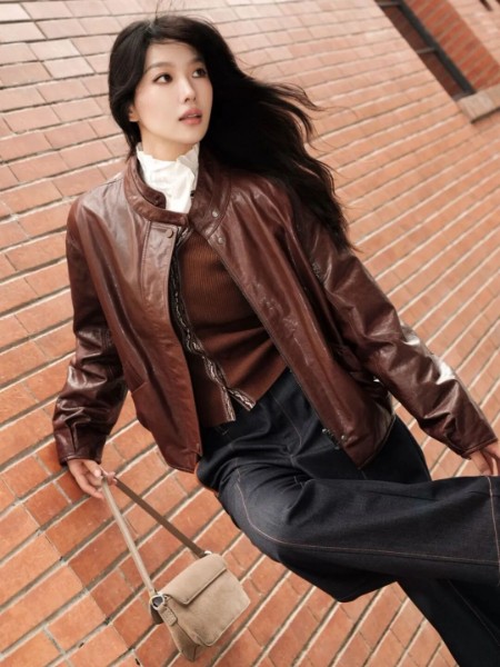 BUOUBUOU邦宝(BUOUBUOU)女装品牌棕色短款高级皮衣2025秋季新款