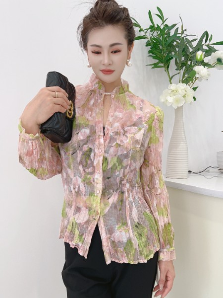芮色(RUISE)女装品牌立领碎花雪纺上衣2025秋季长袖打底衫