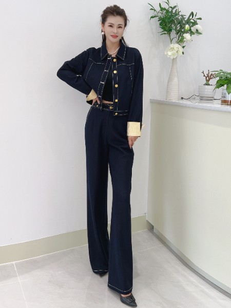 芮色(RUISE)女装品牌时尚牛仔套装2025秋季新款洋气轻奢气质短外套阔腿裤两件套