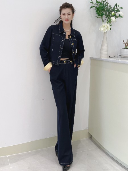 芮色(RUISE)女装品牌时尚牛仔套装2025秋季新款洋气轻奢气质短外套阔腿裤两件套
