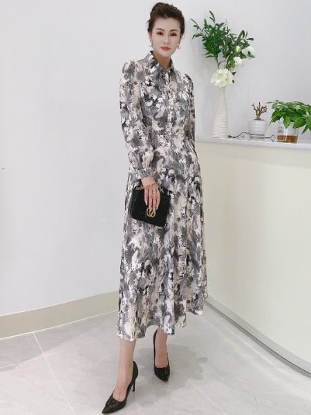 芮色(RUISE)女装品牌复古文艺民族风亚麻水墨印花连衣群修身显瘦立领长袖裙