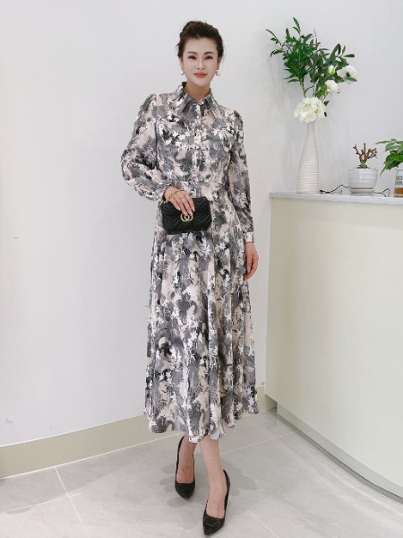 芮色(RUISE)女装品牌复古文艺民族风亚麻水墨印花连衣群修身显瘦立领长袖裙