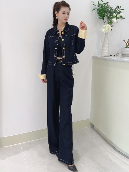 芮色(RUISE)女装品牌时尚牛仔套装2025秋季新款洋气轻奢气质短外套阔腿裤两件套