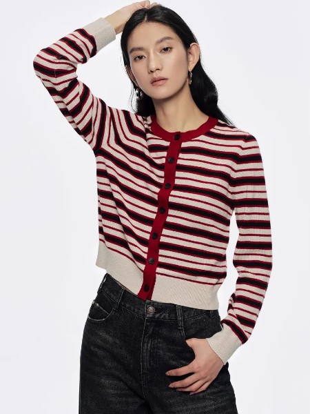 她图(TATU)女装品牌复古安可拉红条纹针织开衫女2025早秋新款氛围感穿搭上衣