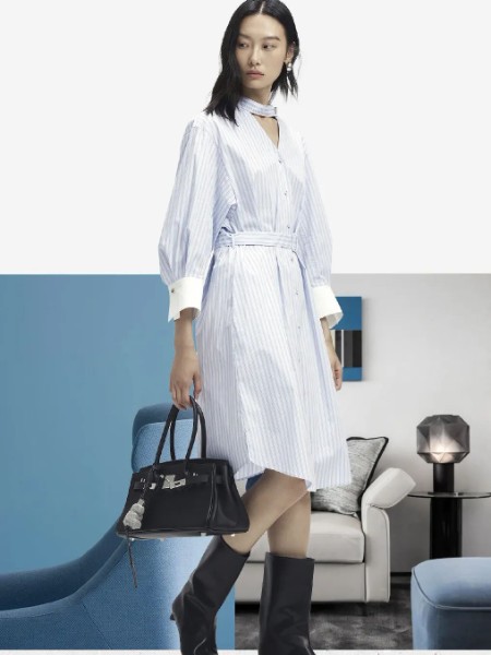 她图(TATU)女装品牌白色条纹衬衫裙女2025春秋新款气质通勤长袖收腰显瘦连衣裙
