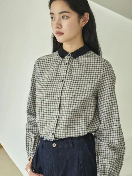 森布日Senbur(Senbur)女装品牌最新产品展示条纹方格长袖翻领