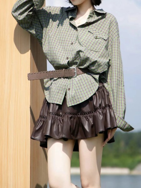 谜菲女装品牌最新产品展示格子翻领长袖衬衫2025休闲款