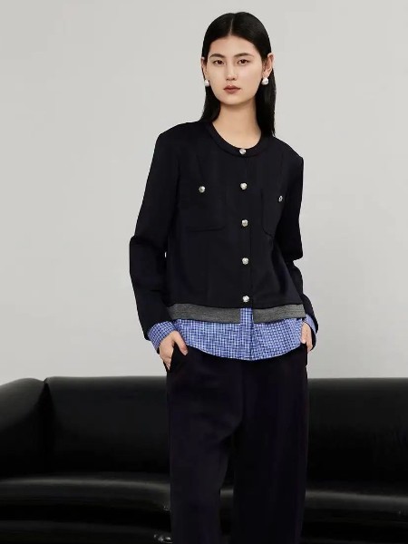 歌锦女装品牌最新产品展示黑色长袖纽扣圆领外套