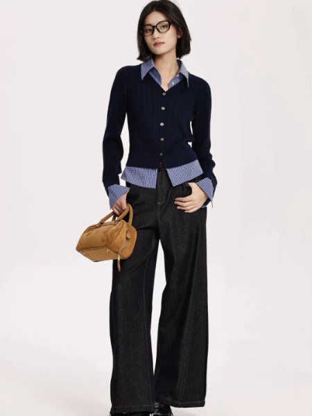 芮玛(JUMEL)女装品牌假两件polo领拼接长袖t恤早秋修身打底上衣