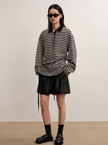 Less.女装品牌最新产品展示翻领T恤长袖条纹女士款