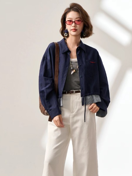 新作(justzzu)女装品牌复古仿牛仔假两件休闲外套女2025年秋季新款拼接条纹上衣