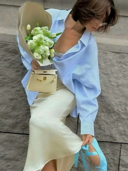 新作(justzzu)女装品牌蓝色衬衫女2025春夏新款宽松上衣长袖防晒开衫外套薄