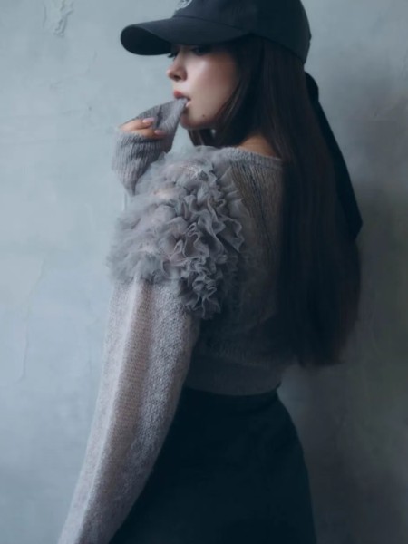Snidel女装品牌减龄灰色针织开衫女装秋季新款木耳边设计长袖毛衣外套