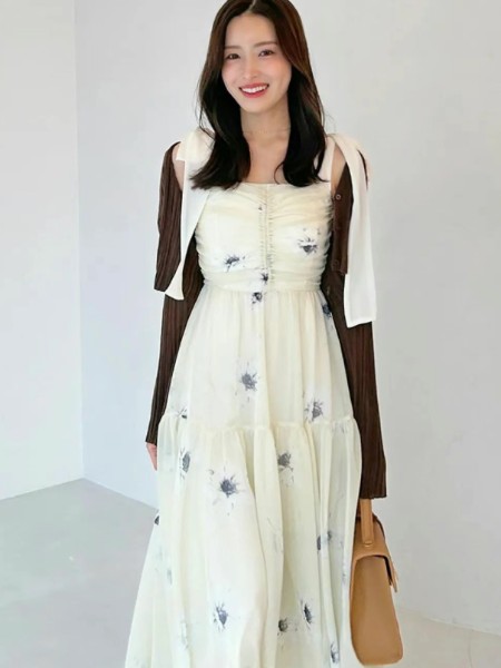 Snidel女装品牌2025秋冬新品甜美蝴蝶结肩带花朵印花吊带连衣裙
