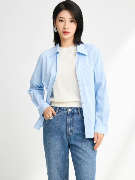 迪图女装品牌蓝色气质翻领衬衫2025早秋新品