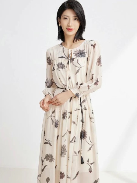 迪图女装品牌碎花长袖边衣群拉带收腰2025秋新款