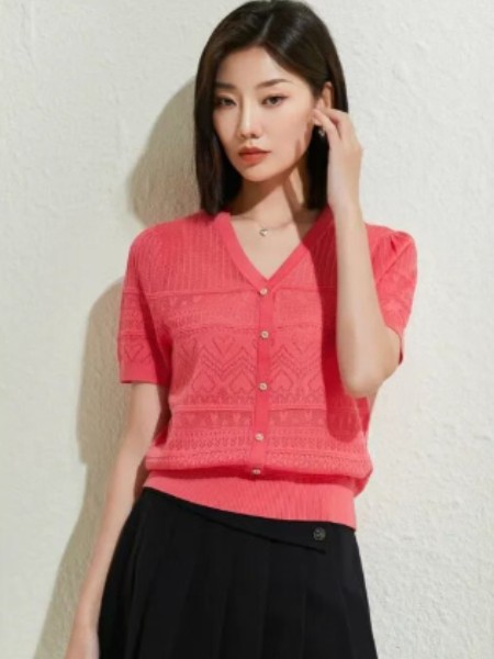 女装品牌红色针织长袖V领羊毛上衣2025新款