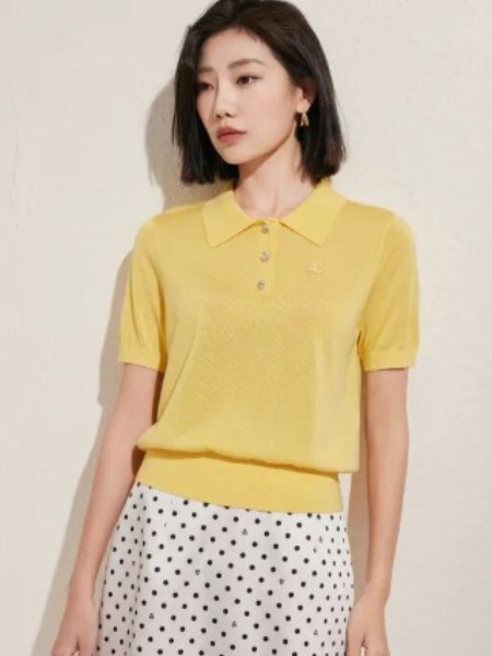 女装品牌黄色条统翻领针织衫2025新款上衣