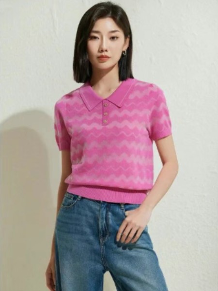 女装品牌粉色条统翻领针织衫2025新款上衣