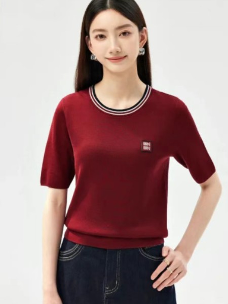 女装品牌圆领酒红色短袖针织羊毛上衣2025新款