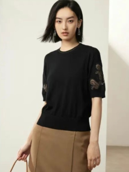 女装品牌黑色绣花针织短袖羊毛上衣2025新品
