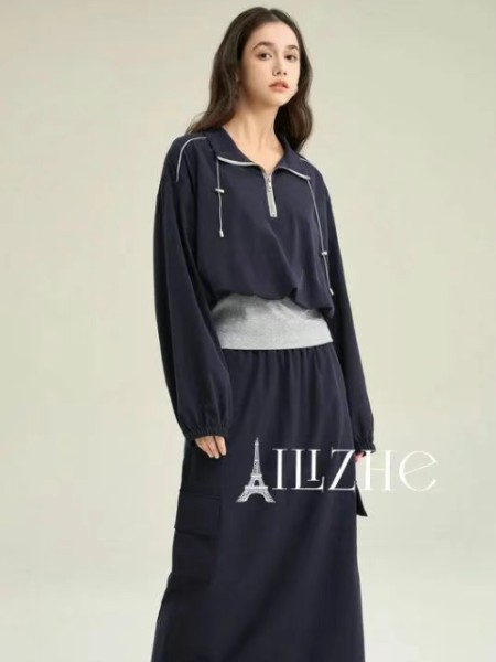 艾丽哲(Ailizhe)女装品牌一整套穿搭群子2025秋装新款藏青卫衣半身裙两件套装