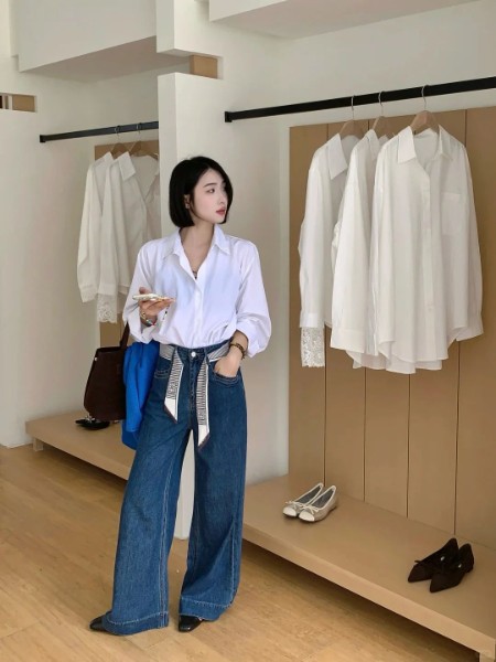 女装品牌牛仔裤阔腿拖地裤2025新款搭白色衬衫上衣