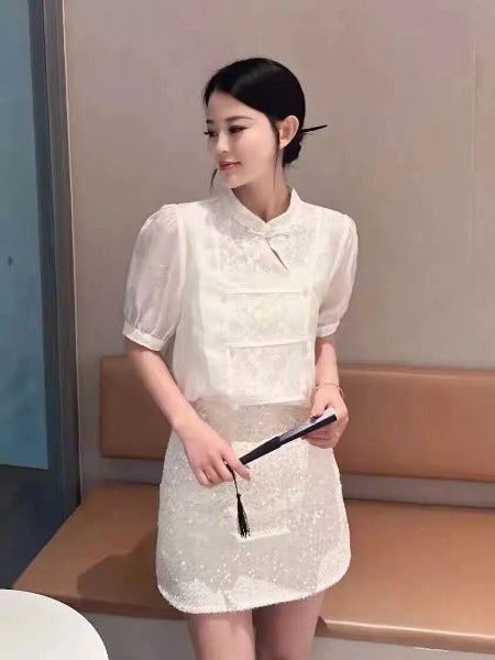 女装品牌高端新中式提花扣轻国风短袖短群两件套