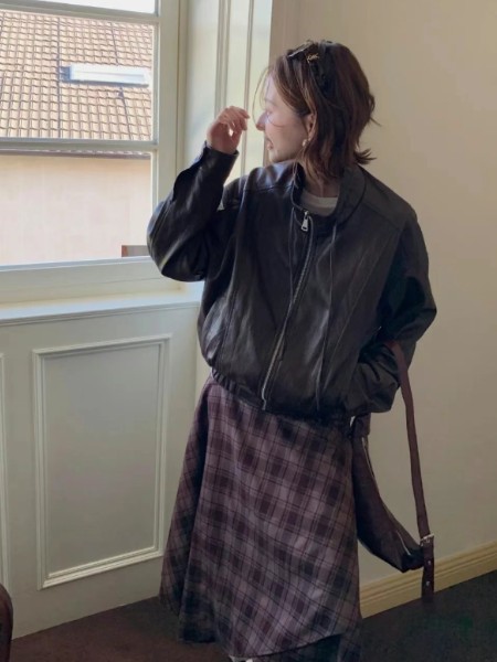 女装品牌美式复古街头皮衣外套女春秋宽松减龄休闲百搭夹克上衣