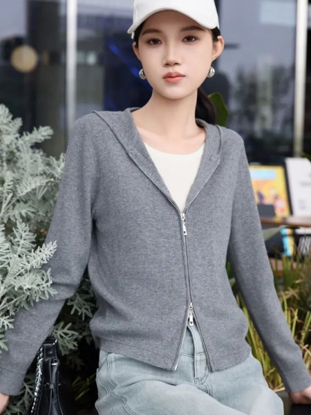璟逸(JINGYI)女装品牌灰连帽拉链针织外套上衣