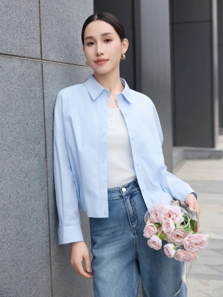 璟逸(JINGYI)女装品牌蓝色衬衫2025早秋百搭外穿上衣