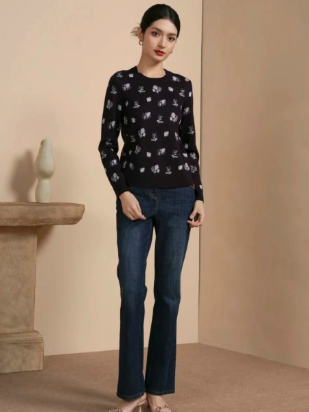 声雨竹女装品牌复古提货长袖针织上衣上黑色2025秋季