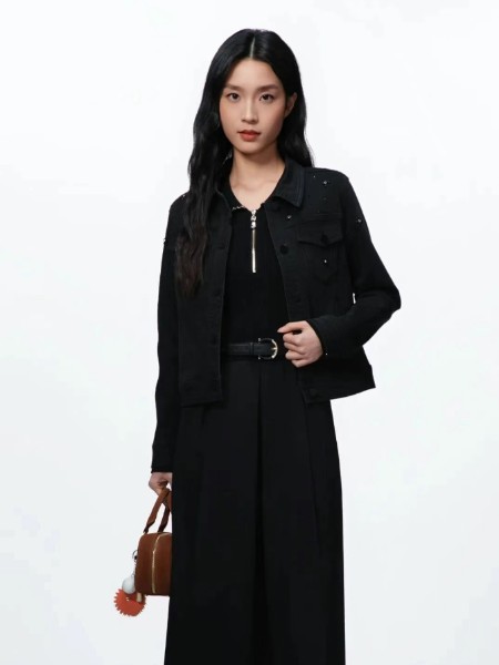 声雨竹女装品牌2025新款秋季黑色短外套连衣群套装两件套