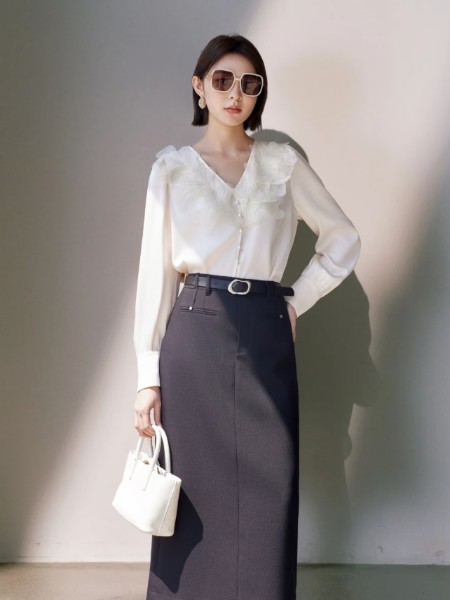 韩序(HANXU)女装品牌折白色V领荷叶边长袖上衣2025新款衬衫